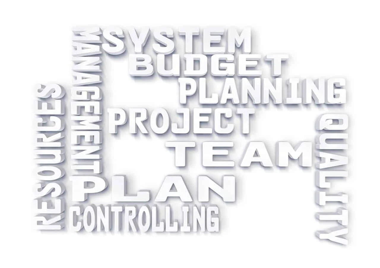 Dreidimensionale Begriffe zu Projekt, Team, Planung und Budget